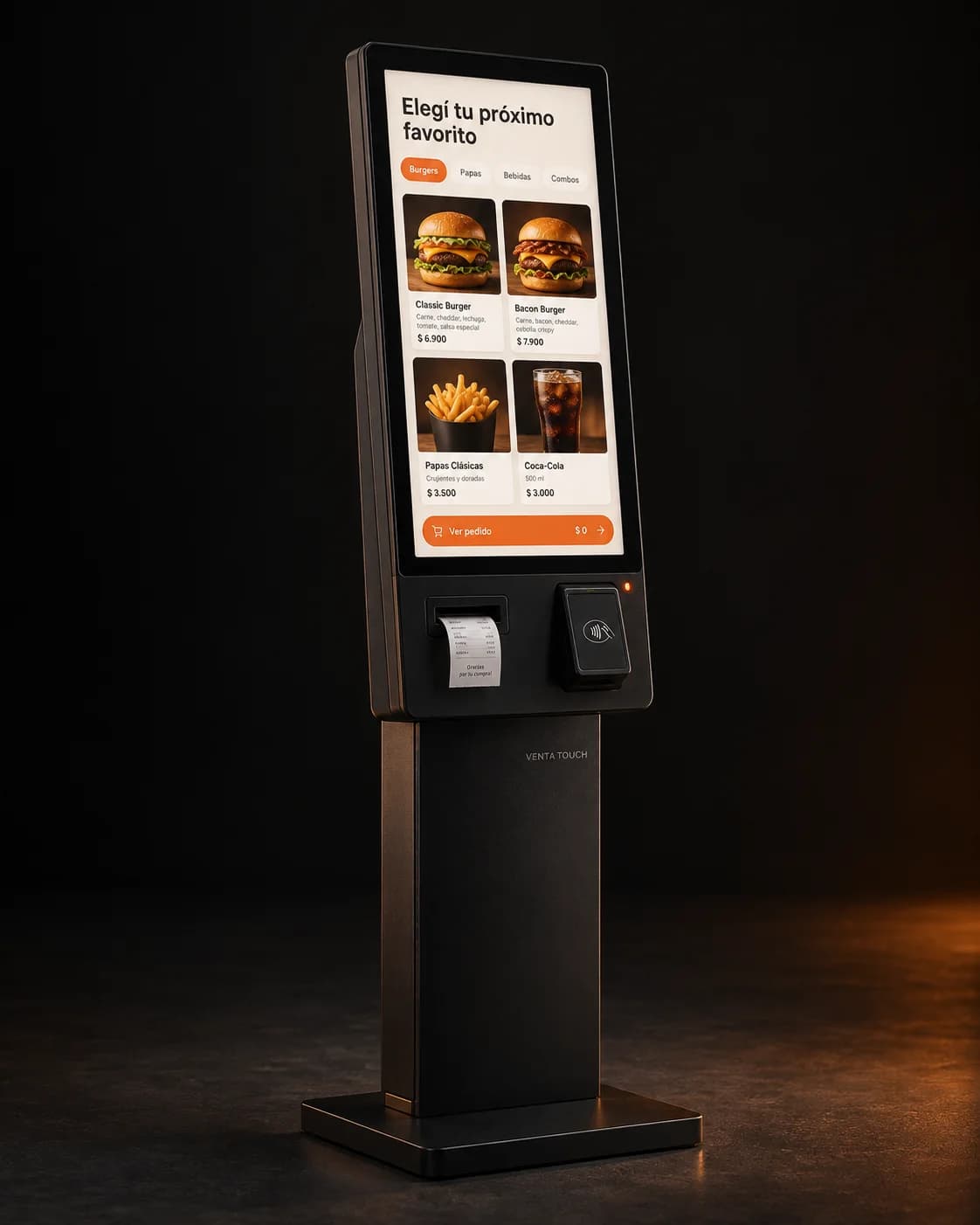 Render conceptual de un tótem VENTA TOUCH con menú táctil, terminal de pago e impresora de tickets