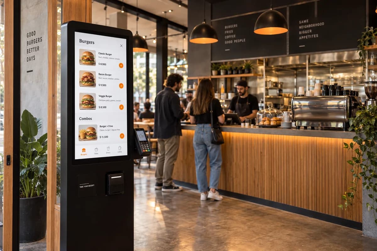 Escena conceptual de un tótem de autoservicio en una cafetería y restaurante